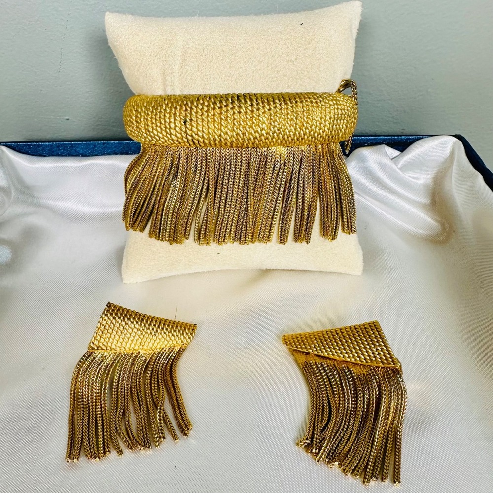 Vintage 1960 Hattie Carnegie Liquid Metal Waterfall Fringe Bracelet Earrings Set